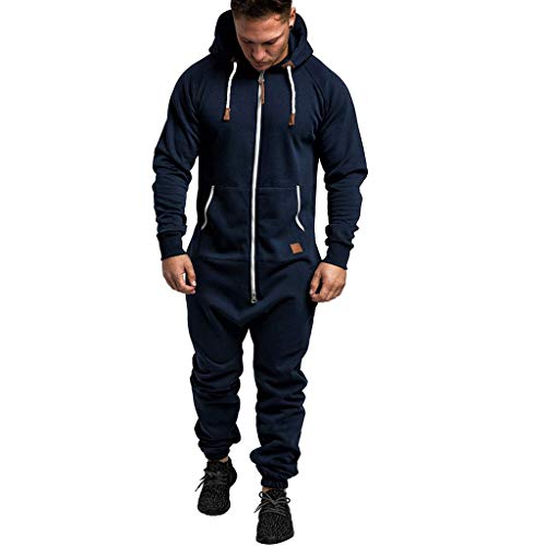 WUAI Onesie Men's Hooded Jumpsuit Zip Up One Piece Pajamas Playsuit Jogger Sweatsuit Overall Romper (Navy,XX-Large)