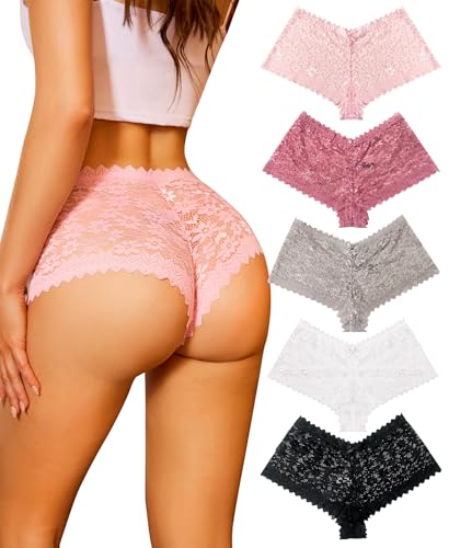 RSLOVE Lace Cheeky Underwear for Women â€“ V Waist Breathable Stretch Panties 5 Pack for Comfort Multi Color XL