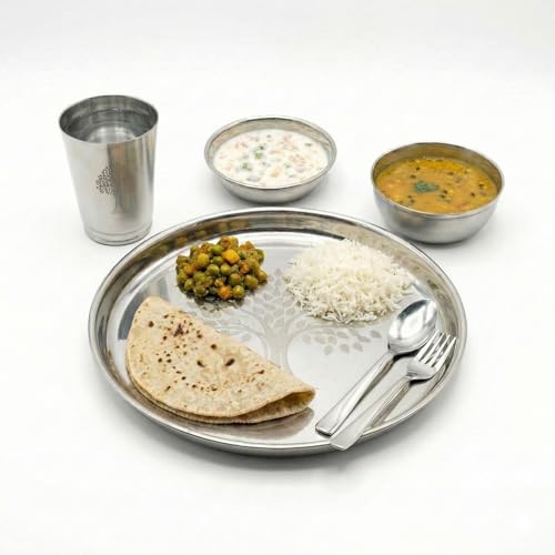 Image of Human Hydro Stainless Steel Thali Dinner Set | 24-Piece: 4 Plates, 4 Bowls (Katoris), 4 Side Plates, 4 Glasses, 4 Spoons & 4 Forks | Food-Grade, Rust-Free, Mirror Finish | Dishwasher Safe