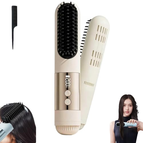 Cepillo alisador portátil 2026 para cabello corto, peinador recargable con flujo de aire frío, 3 niveles de temperatura, cuidado cerámico iónico, pantalla LCD, mini herramienta de peinado de viaje color beige