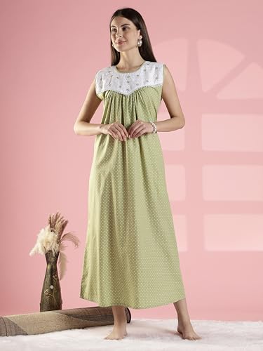 Image of 9shines Label Cotton Sleeveless Nighty | All Over Print Maxi Night wear for Women | Full Length Night Gown Night Dress for Women Stylish (Cotton Sleeveless 25)