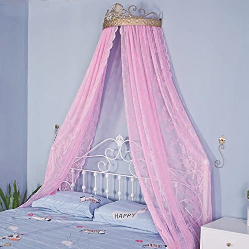 Toldo de cama matrimonial rosa con dosel de encaje y corona de metal 2