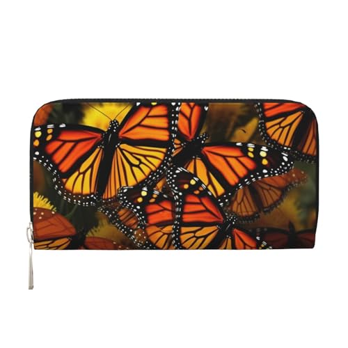 Monarch Butterflies Leather Wallet For Women Girl, Zip Around Credit Card Holder Long Pu Wallet Clutch Purse Waterproof Travel Handbag