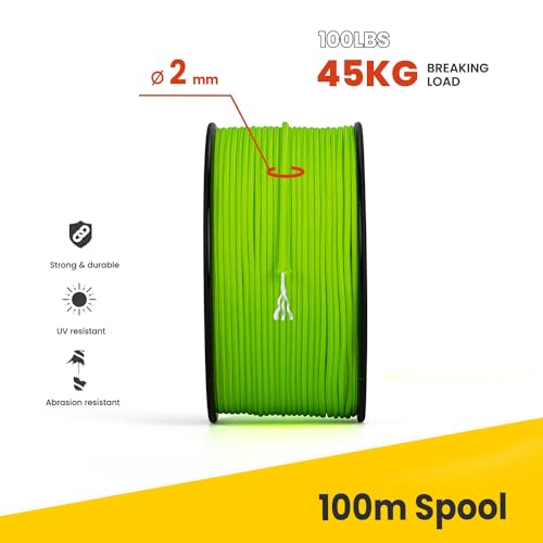 Brotree Paracord 2mm 100M 100% Nylon Rope 1 Strand Parachute Cord for Outdoor Craft, DIY - 45kg Breaking Load (Neon Green) - Image 3