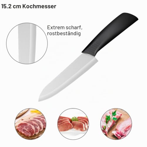 Foto von Ballery Keramikmesser Set, Professionelle Küchenmesser aus keramisch 4-teilig Messer (6 Zoll Chefmesser, 5 Zoll Mehrfunktionalmesser, 4 Zoll Obstmesser, 3 Zoll Obstmesser) und 1 Sparschäler – Weiß