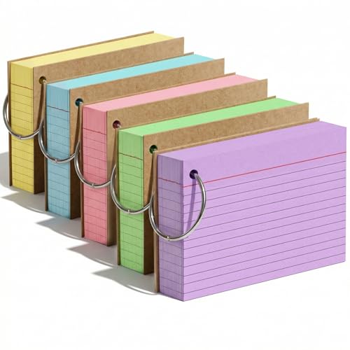 Koogel Karteikarten A7 mit Metallringen, 400er Set in 5 Farben – Lernkarten für Studium, Anatomie, Notizen, Abitur, Vokabeltraining, 10,5 x 7,3 cm