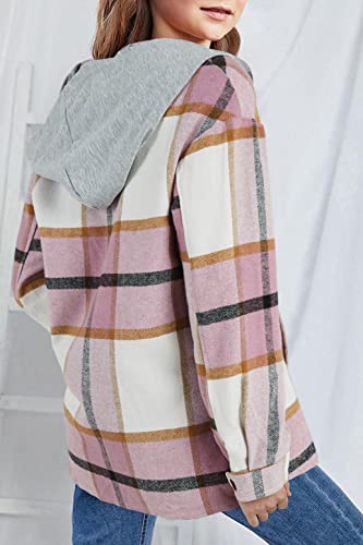 Image of Girls Cute Flannel Plaid Button Down Top with Pockets Long Sleeve Hooded Jacket