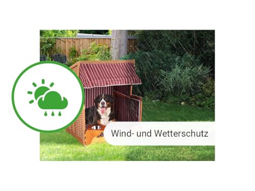 Outgarden Hundestrandkorb Kieferholz | Hundehütte inkl. Schützhülle | Schwenkbarer Wasser-/Futternapf | Sonnenschutz für Hunde & Katzen |Braun mit Rot-weißen| Perfekt für kleine Hunde