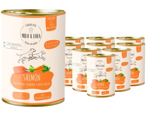 Milo y Lola Pack 12 Latas - Comida Humeda para Perros Natural con Salmón, Arenque, Frutas y Verduras 380g - Nutrición Completa con Omega-3 y Condroprotectores para Perro Cachorro, Adulto y Senior