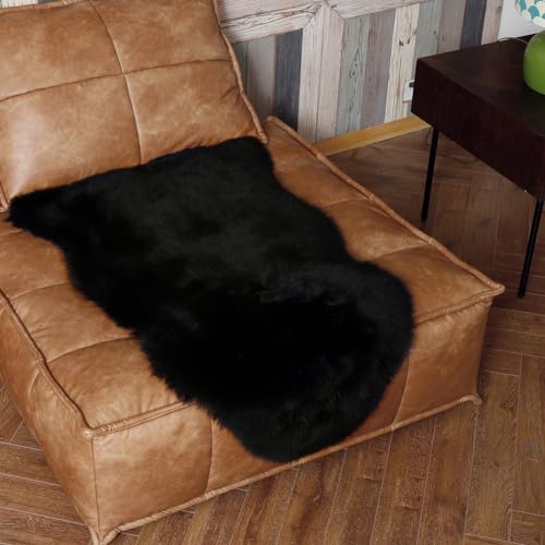 Premium Genuine Fur Sheepskin Rug Real Australia Sheepskin Natural Luxury Fluffy Lambskin Fur Area Rug Seat Covers for Kids Bedroom Sofa Chair Cover (Black, Single Pelt/2ft x 3ft)