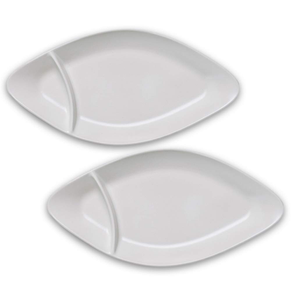 Porcelain Divided Dinner Plates Set Of 2 – Multipurpose Sectioned Ceramic Dinnerware Set For Entertaining, Dining Or Parties. Unique Leaf-Shape In Grey Or White.