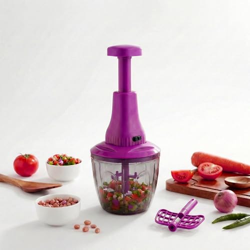 Image of Chopper for Kitchen Use | 1100 ml Round Manual Push Chopper with 5 Blades and Whisker | Chopping Vegetables & Fruits, Onion, Ginger, Garlic, Salad, Tomato, Potato (Purple)