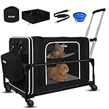 Petskd Side Expandable Extra Large Cat Carrier with Wheels and Litter Box, 24"x17"x17" Soft-Sided Pet Carrier for 2 Cats Under 55 lbs with Zipper Locks for Car Travel (Black)