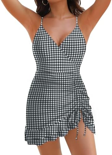 ZAFUL Womens One Piece Swimsuit Modest Tummy Control Bathing Suit Ruffle Swim Dress V Neck Drastring Swimwear