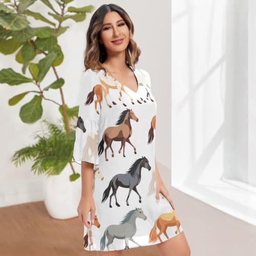 Robe mousseline de soie imprimé cheval col V décontractée été - 3