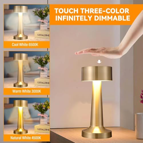 Image of Golden Round LED Table Lamp 3 Color Modes Warm Cool Natural Light, Dimmable Brightness, 1200mAh Rechargeable Battery, Portable Night Light for Bedroom Bedside Desk Home Decor Use -Touch Control