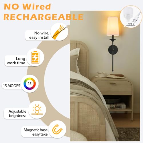 Image of PASSICA DECOR Battery Operated Wall Sconce Set of 2 - Rechargeable Cordless Lights with Remote, Dimmable RGB Timer Wireless Sconces for Bedroom, Living Room, Hallway