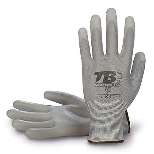 TB Guante de Protección TB 500G2P URETAN | Paquete 10 Pares Guante de Trabajo Recubierto de Poliuretano Gris Soporte de Poliéster Gris Sin Costuras y Puño Elástico. Elasticidad y Destreza - Talla 8 Cover