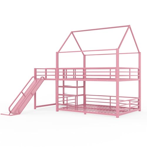 Image of Bellemave Metal Bunk beds Full Over Full with Slide and Storage Stairs, House Floor bunk Bed with guardrail for Kids,Pink