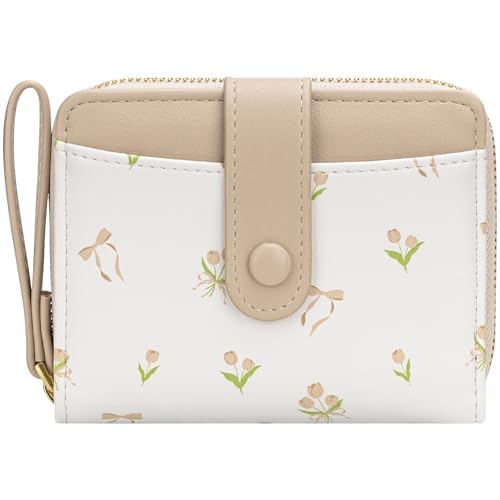 Image of BIAOTIE Wallet for Women Cute Floral Flower Wallet RFID Credit Card Holder Purse Small Bifold Zipper Coin Pocket Purse with ID Windows (T- Khaki)