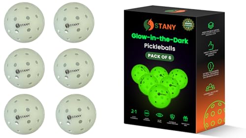 STANY Glow-in-the-Dark Pickleball Balls Luminous USAPA Standard Indoor/Outdoor 40 Holes Ultra Visible Nighttime Play Unique Gift for Pickleball Lovers 6 Pack Glows Green
