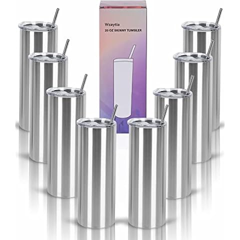 Wzaytia 8 Pack 20 Oz Straight Skinny Tumblers, Individually Gift Boxed Stainless Steel Slim Skinny Tumbler Set Bulk Cover