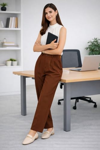 Image of Women's Formal Trousers | Stretch & Regular Fabric Options | Straight Fit Office Wear Pants with Pockets | Casual Trouser for Womens