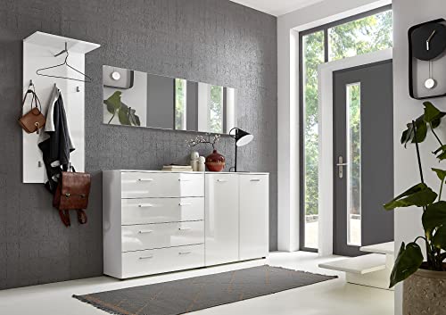 BMG Möbel Garderoben-Set 3 Marbella inkl. Spiegel, Wandpaneel mit hochwertigen Metallhaken, Fronten in Hochglanz Weiß
