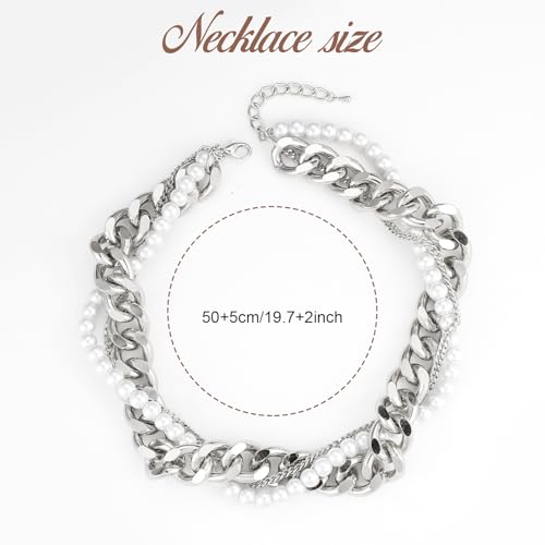 MJartoria Gold Layered Necklaces for Women Trendy Retro Pearl Necklace Silver Necklace Dainty Chunky Link Chain Choker Necklaces for Jewelry Birthday Gifts (Silver)