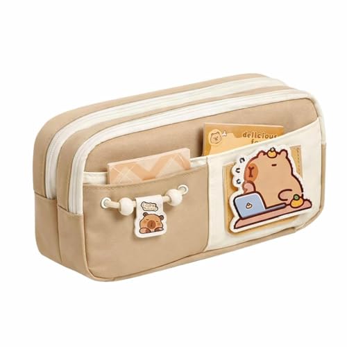 Image of Kawaii Cute Aesthetic Pencil Case 3 Layer 6 Compartment Large Capacity for Students | Pencil Pouch with Zipper | Cartoon Stationery Organizer Bag for Kids, Pencil Case for Girls & Boys (Brown)
