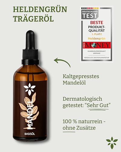 Heldengrün® Mandelöl Bio [100% NATURREIN] - Dermatologisch getestet - Mandelöl Baby - Sanfte Pflege für trockene & empfindliche Haut - Mandel Öl kaltgepresst