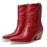femflame Western Boots for Women Chunky Heel Cowboy Boots Embroidery Pull-on Vintage Cowgirl Ankle B