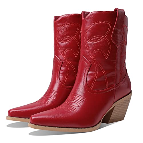 Femflame Western Boots For Women Chunky Heel Cowboy Boots Embroidery Pull-On Vintage Cowgirl Ankle Boots #TOP18
