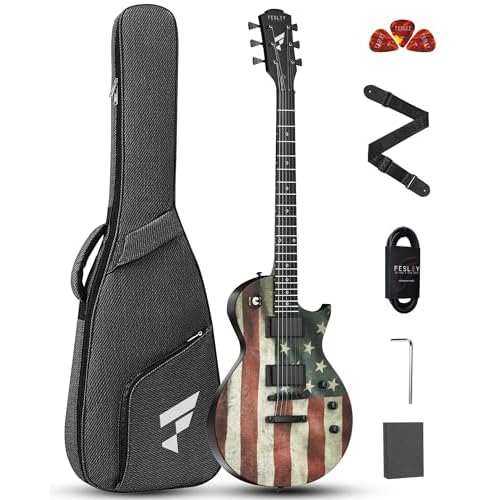 Fesley 39″ LP Electric Guitar Kit: Full Size Solid Body Electric Guitars for Beginners with Humbucker Pickups,Poplar Body,Mahogany Neck,22 Frets,6 String Guitar with Gig Bag, FLP400,Matte,US Flag