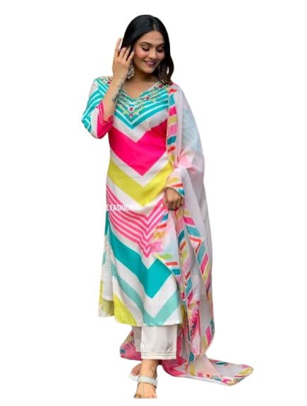 Women's Stripes Printed Kurti, Pant with Dupatta Indian Dress (IN, Alpha, XL, Blue,Multicolor)-image-31