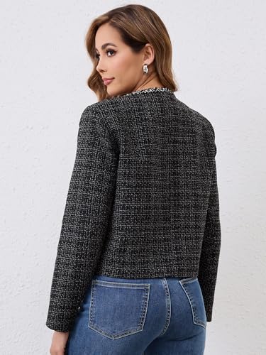 M.Infisavo Womens Tweed Cardigan Blazer Jacket, Cropped Long Sleeve Blazers with Pockets Crewneck Open Front Collarless4
