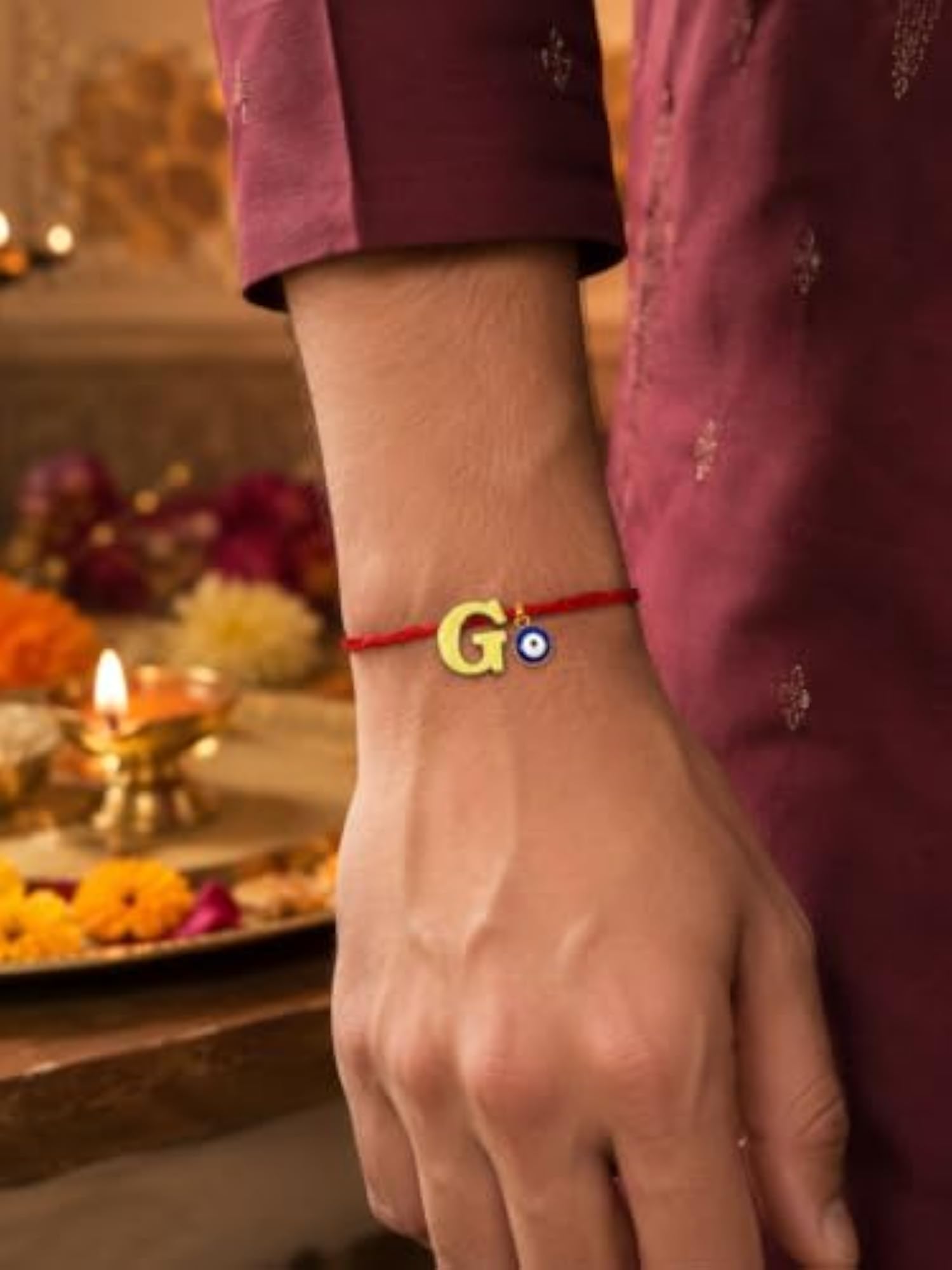Gold Plated G Letter Blue Charm Rakhi for Brother