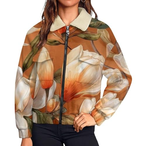 Chaqueta de forro polar para mujer con estampado de flores de magnolia y cremallera