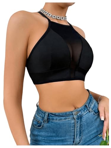 SweatyRocks Women's Sheer Mesh Halter Bra Wireless Criss Cross Light Support Bralettes