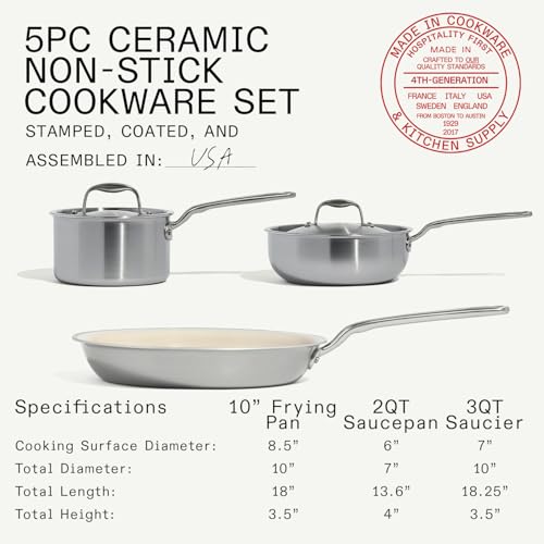 Image of Made In Cookware - 5 Pc Ceramic Non Stick Cookware Set (Stainless Handle) - 5 Ply Clad - Includes Ceramic Non Stick Frying Pan, Saucepan and Saucier with Lid - Professional Cookware
