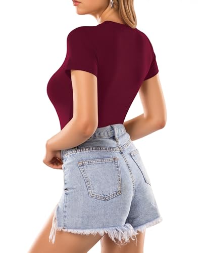 Image of MANGOPOP Women's Round Neck Short Sleeve Bodysuit T Shirts Basic Body Suit Tops