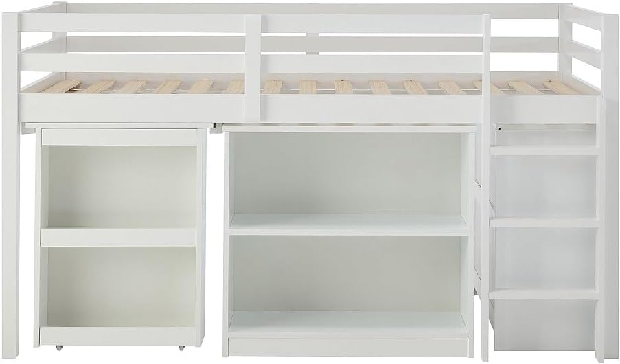 ඉදිරිපස view of the Vente-unique ABRENO combined bed with the desk retracted, showing the integrated shelving units.
