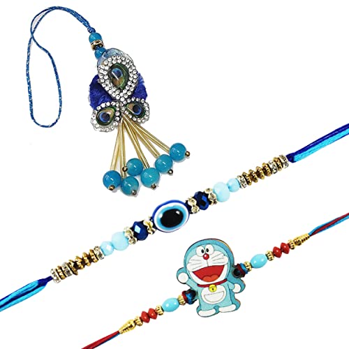 Image of Set Of 3 Elegent Rakhi For Brother And Bhabhi And Kids Couple Pair Bhaiya Bhahi Rakhi Bhabhi Bangle Lumba Chuda Rakhi Family Combo Set