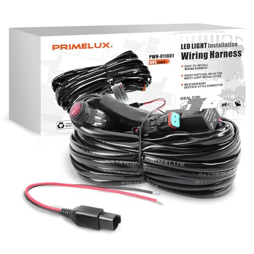 Primelux 16AWG Universal LED Light Bar Wiring Harness Kit with 40A Relay,IP65 Waterproof 12V-180W Relay On Off Switch Relay for Off Road Lights,Trucks, UTV, ATV, Boats, Led Work Light Fog Lights