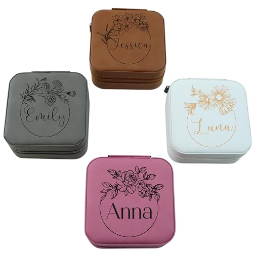 Personalized Leather Jewelry Box with Name & Birth Month Flower – Custom Travel Jewelry Organizer for Women, Birthday Gift for Mom, Bridesmaids, Wife, Sisters, Best Friend