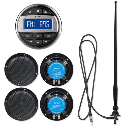 Herdio Marine Bluetooth Receiver -AM FM Radio and 4 inch Waterproof Speakers(2 Pairs)+Black Antenna for Boat Yacht ATV UTV