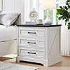 Farmhouse nightstand with charging station 24 inch wide end table with 3 large drawers bar handles rustic wood small dresser chest of drawers for bedroom living room closet off white  urban country home decor