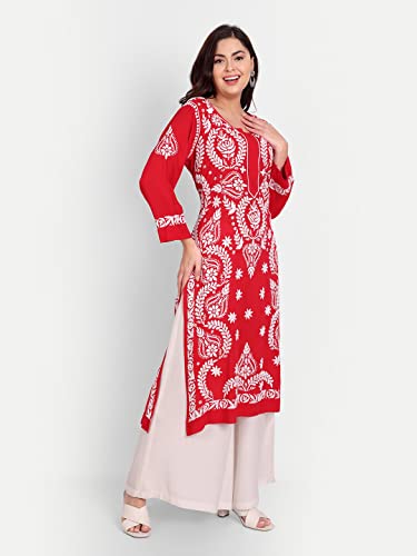 Image of indiankala4u Women's Hand Embroidered Chikankari Kurta for Women | Modal Cotton Straight Kurti | Lucknowi Chikan Work Ethnic Kurta | Full Sleeve Festive Office Wear
