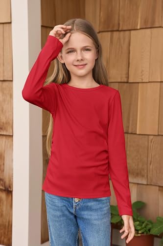 Image of Haloumoning Girls Long Sleeve Shirts Crewneck Ruched Side Slim Fit Tops Ribbed Knit Casual Tee Shirt 4-15 Years
