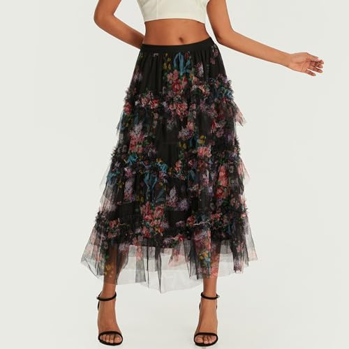 Women's Mesh Floral Skirt Ruffle Irregular Trim Flowy A-line Boho Summer Midi Skirts 20252